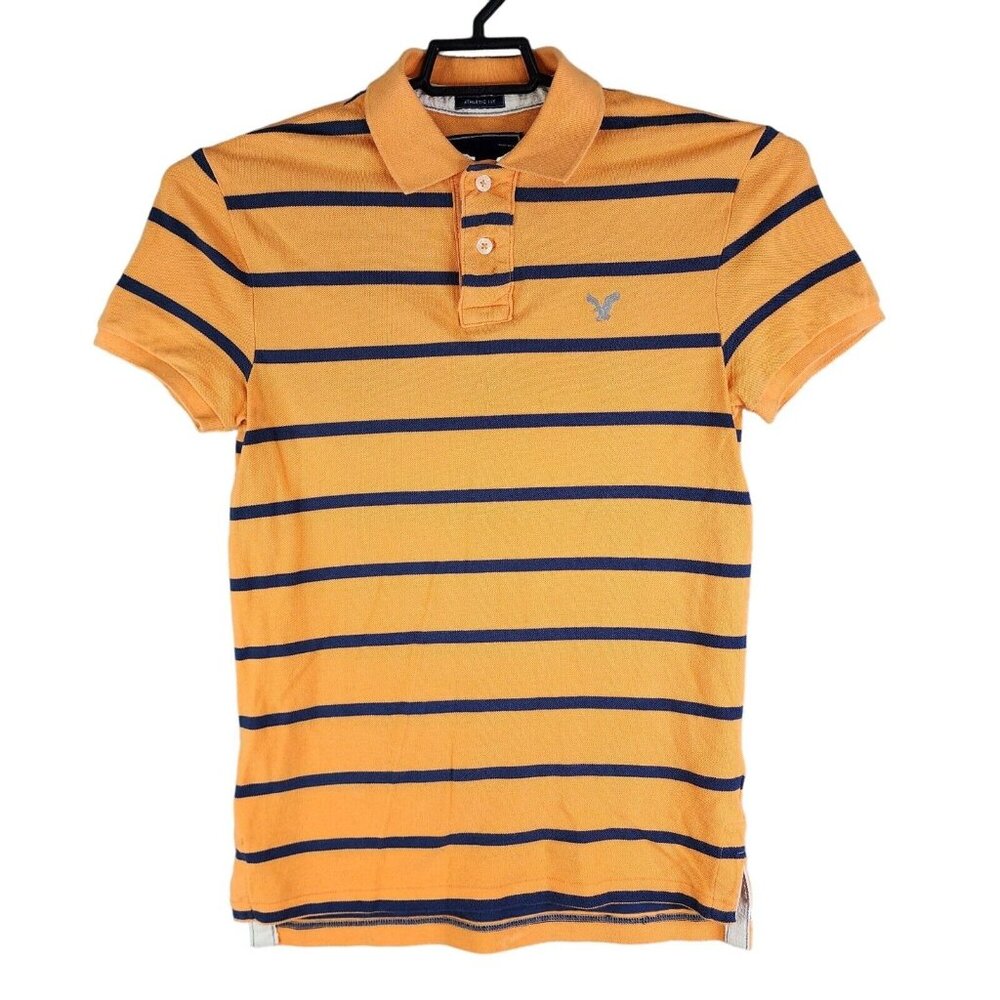 Mens American Eagle Polo Shirt Orange & Blue Stripe Short Sleeve Size XS